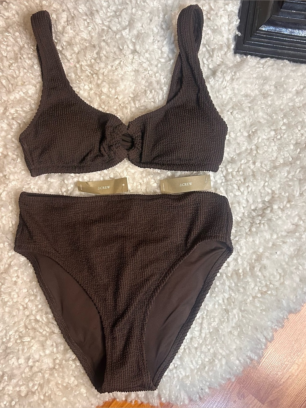 J. Crew chocolate brown textured hi rise bikini 
Size medium brand new